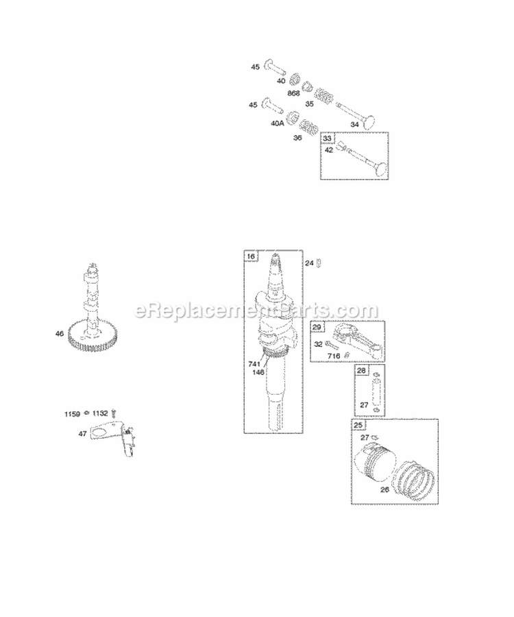 Camshaft Crankshaft PistonRingsConnecting Rods Valves Diagram and Parts List for 42E707-2631-E2  Briggs and Stratton Engine